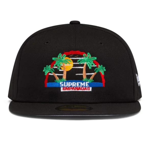 Black baseball cap with an embroidered logo of palm trees, sun, and "Supreme Empanadas" text.