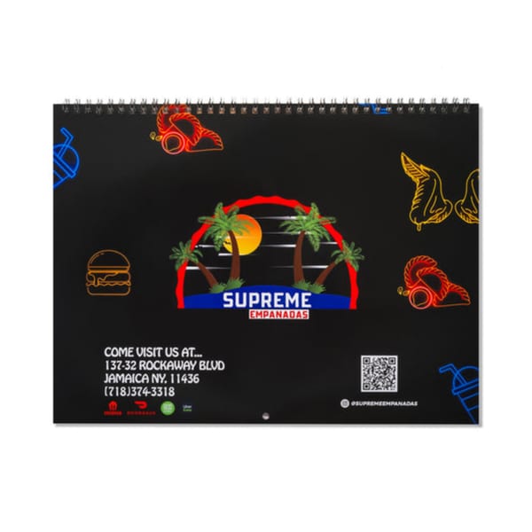 Black calendar with Supreme Empanadas logo, address, phone, and food icons.